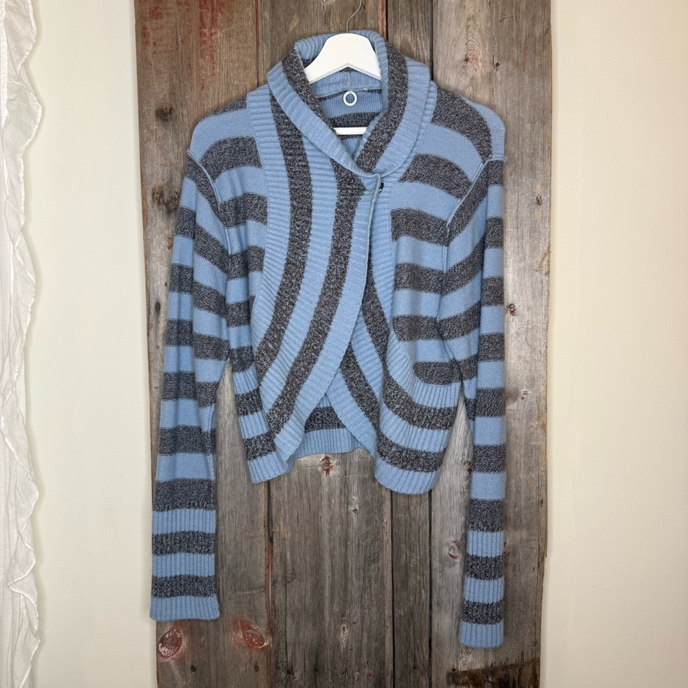 One Girl Who Anthropologie Wool Blend Blue/ Brown Striped Shrug Wrap Cardigan S